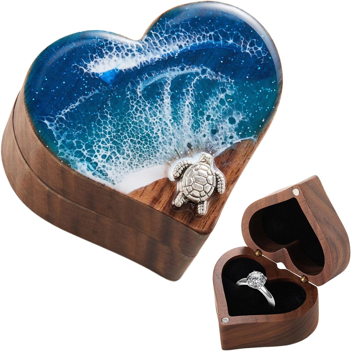 Caja anillo compromiso resina oceánica madera nogal