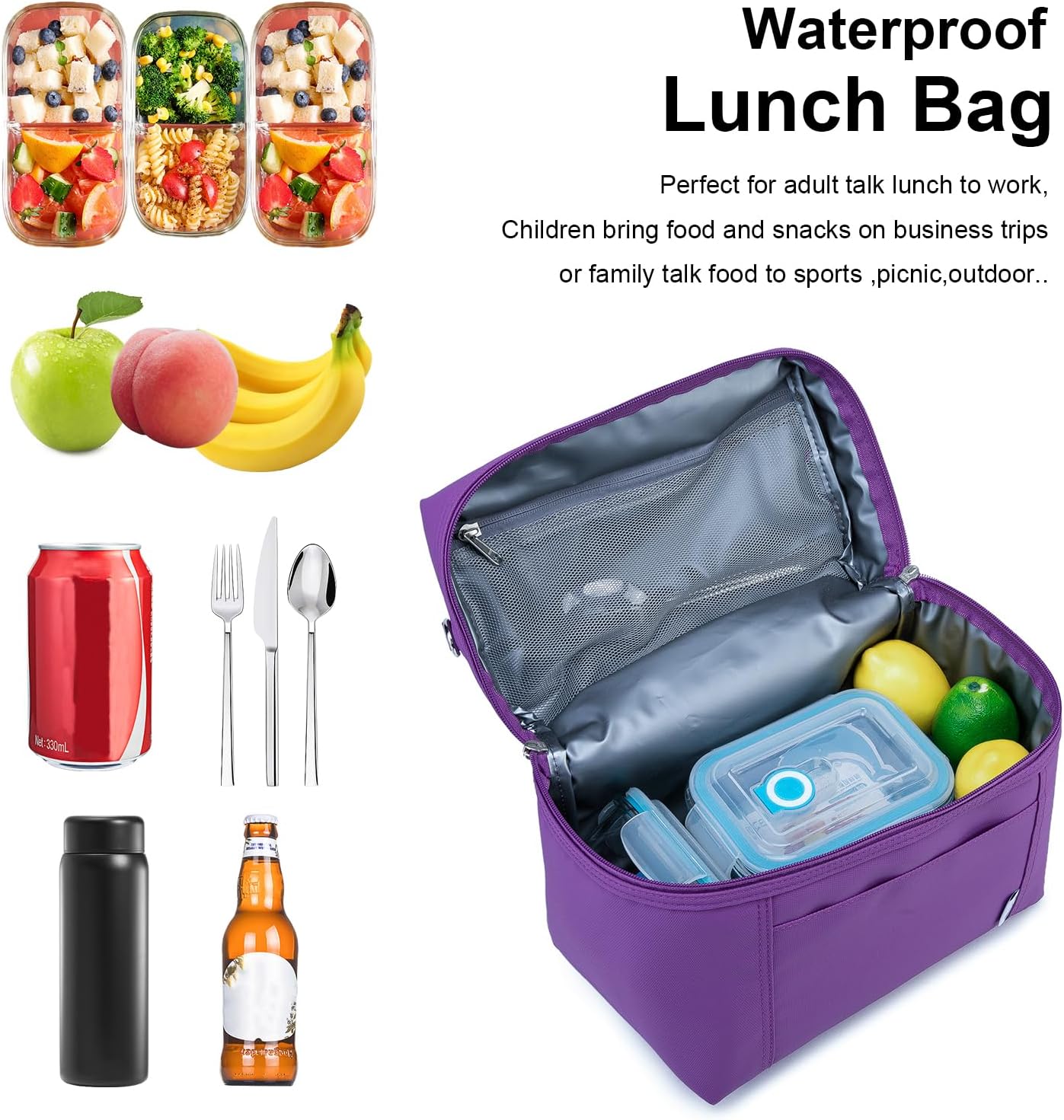Bolsa almuerzo aislada nylon impermeable para mujer púrpura mediana