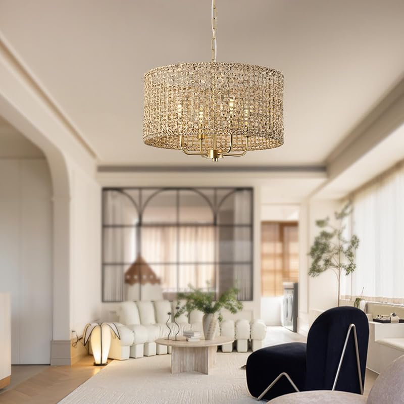 Lámpara de Tambor Ratán Colgante 4 Luces Bohemia para