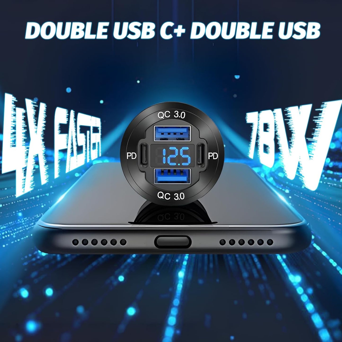 Cargador USB 12V 4 puertos aluminio PD3.0 QC3.0 coche