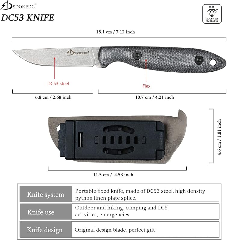 Cuchillos DC53 acero táctico hoja fija funda kydex EDC camping