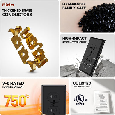 Toma corriente dúplex 20A 2 polos 3 cables UL negro