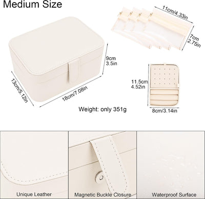 Caja organiz. joyas 2 capas con bolsas aretes collares beige