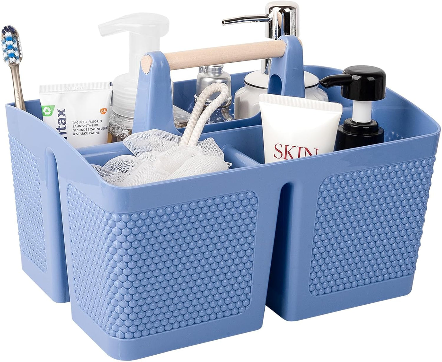 Bolsa almacenamiento baño plástico con asa azul oscuro