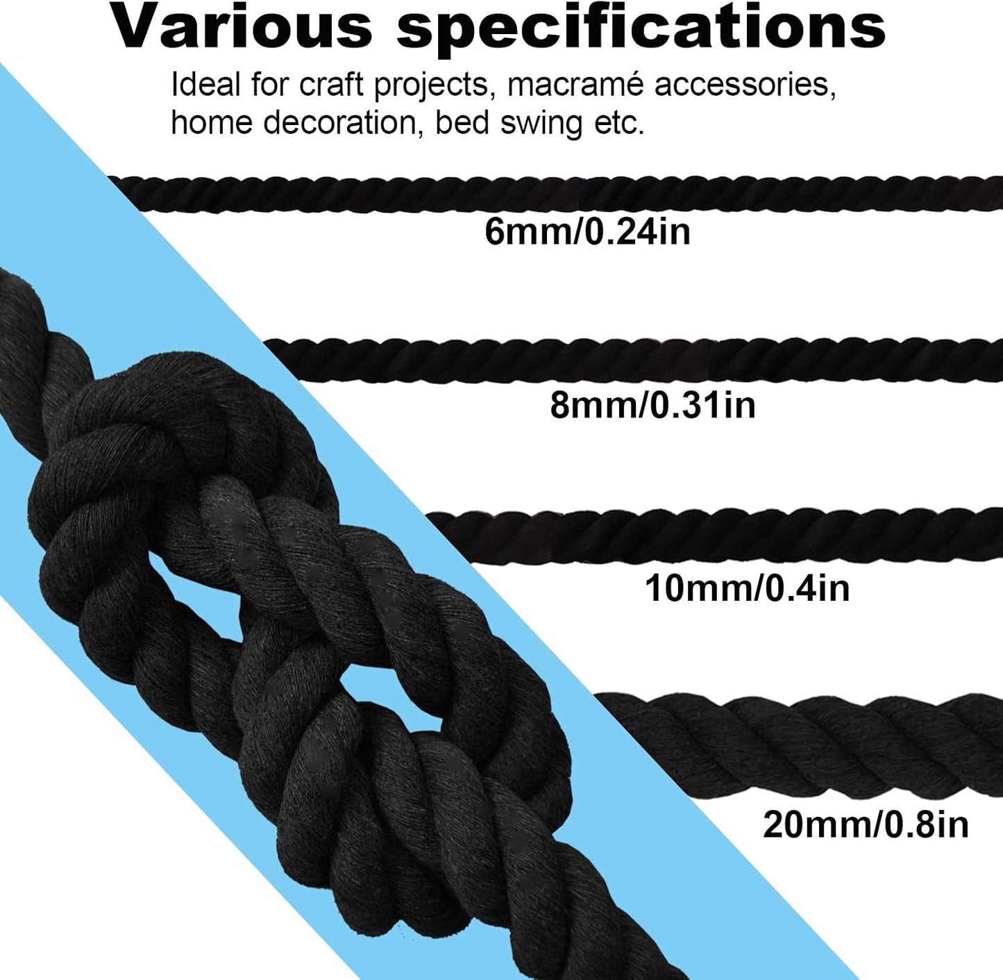 Cuerda algodón trenzada 3 hebras negro 0.315pulg x 65ft