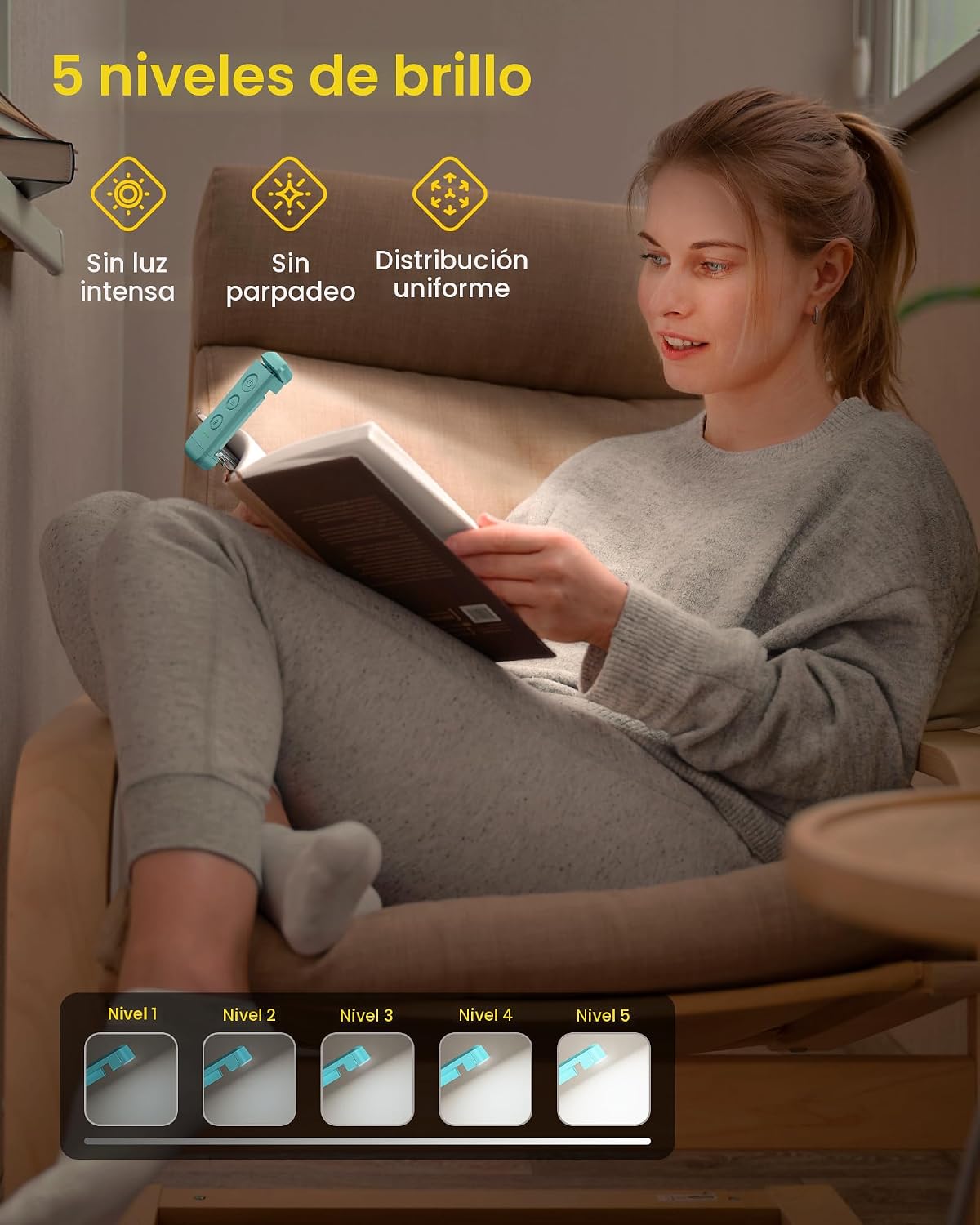 Luz lectura LED recargable USB con 3 colores y 5 brillos