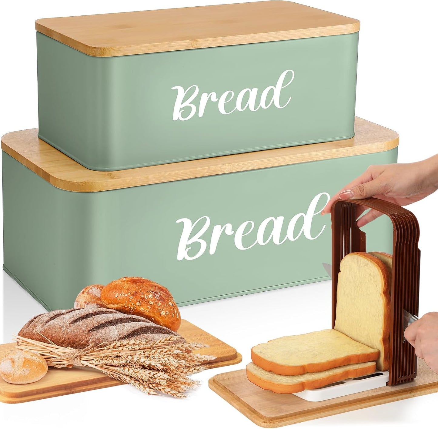 2 Cajas Pan Grande con Rebanador y Tapa Bambú Encimera