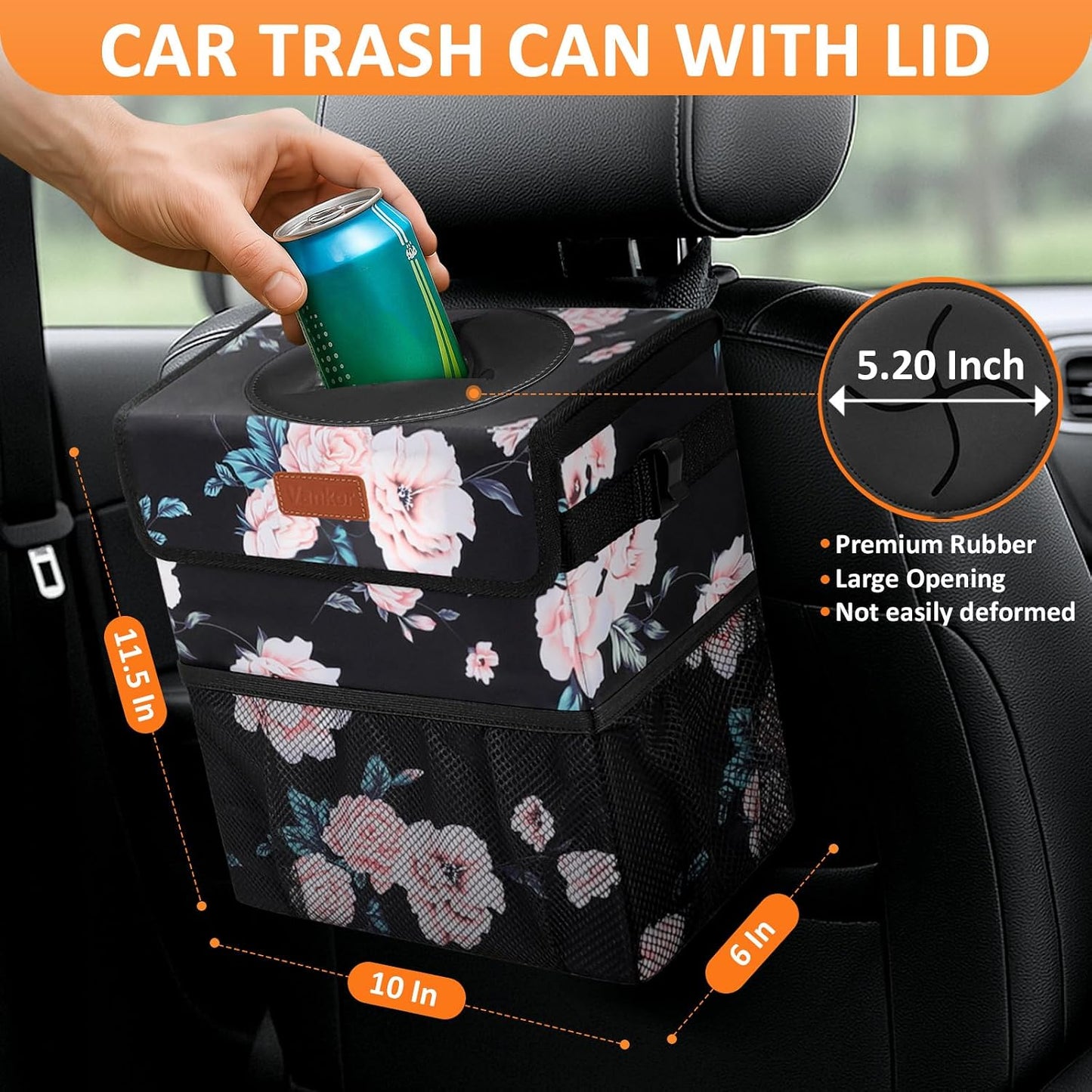 Papelera coche 3gal con tapa bolsa impermeable negra