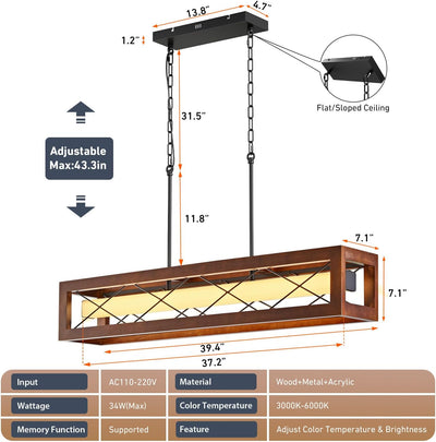 Lámpara colgante de madera rústica LED regulable 39.4pulg
