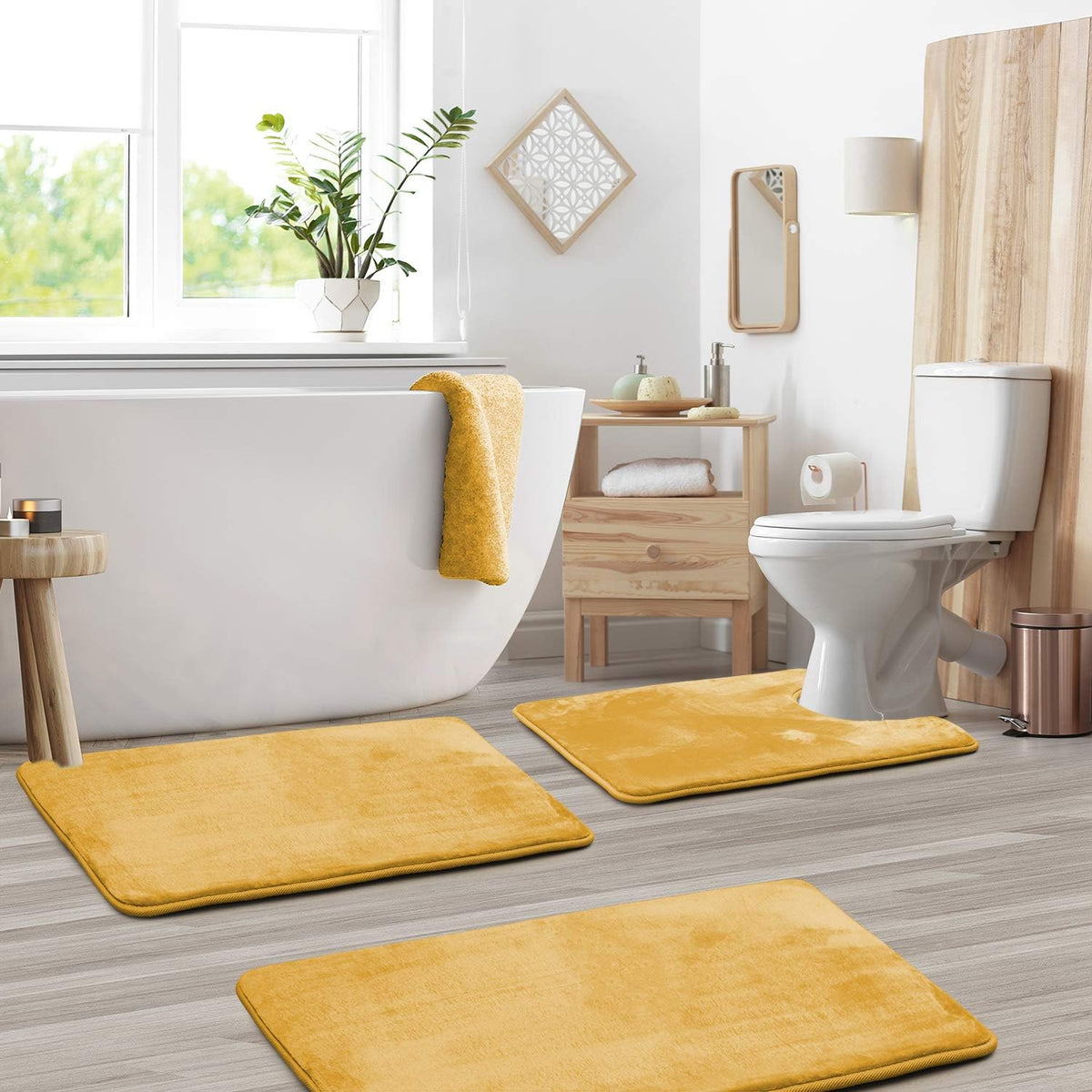 Set 3 Alfombras Baño Espuma Viscoelástica Antiderrap Dorado