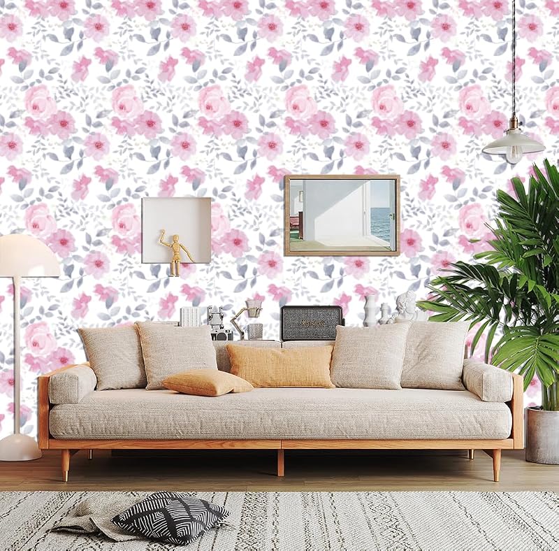 Papel tapiz floral autoadhesivo rosa impermeable 17.3x236pulg