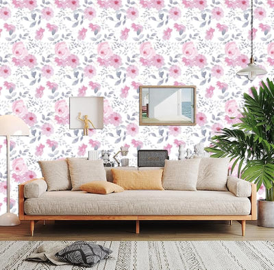 Papel tapiz floral autoadhesivo rosa impermeable 17.3x236pulg