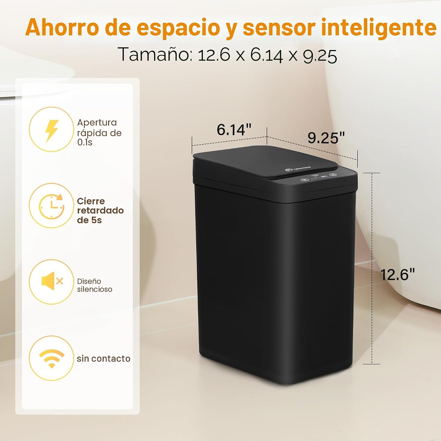 Cubo basura negro 2.6gal sensor movimiento baño cocina