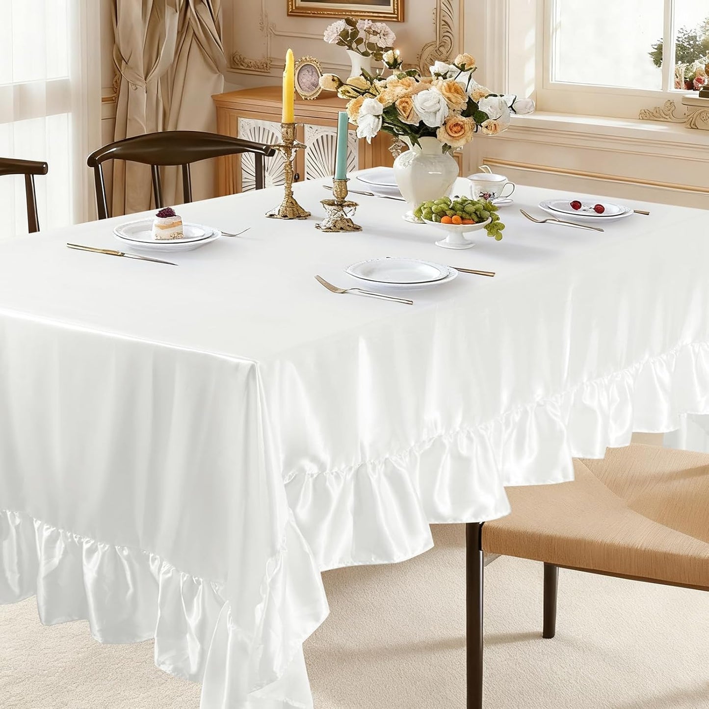 Mantel Satén Blanco Rectangular 60x102pulg Festoneado