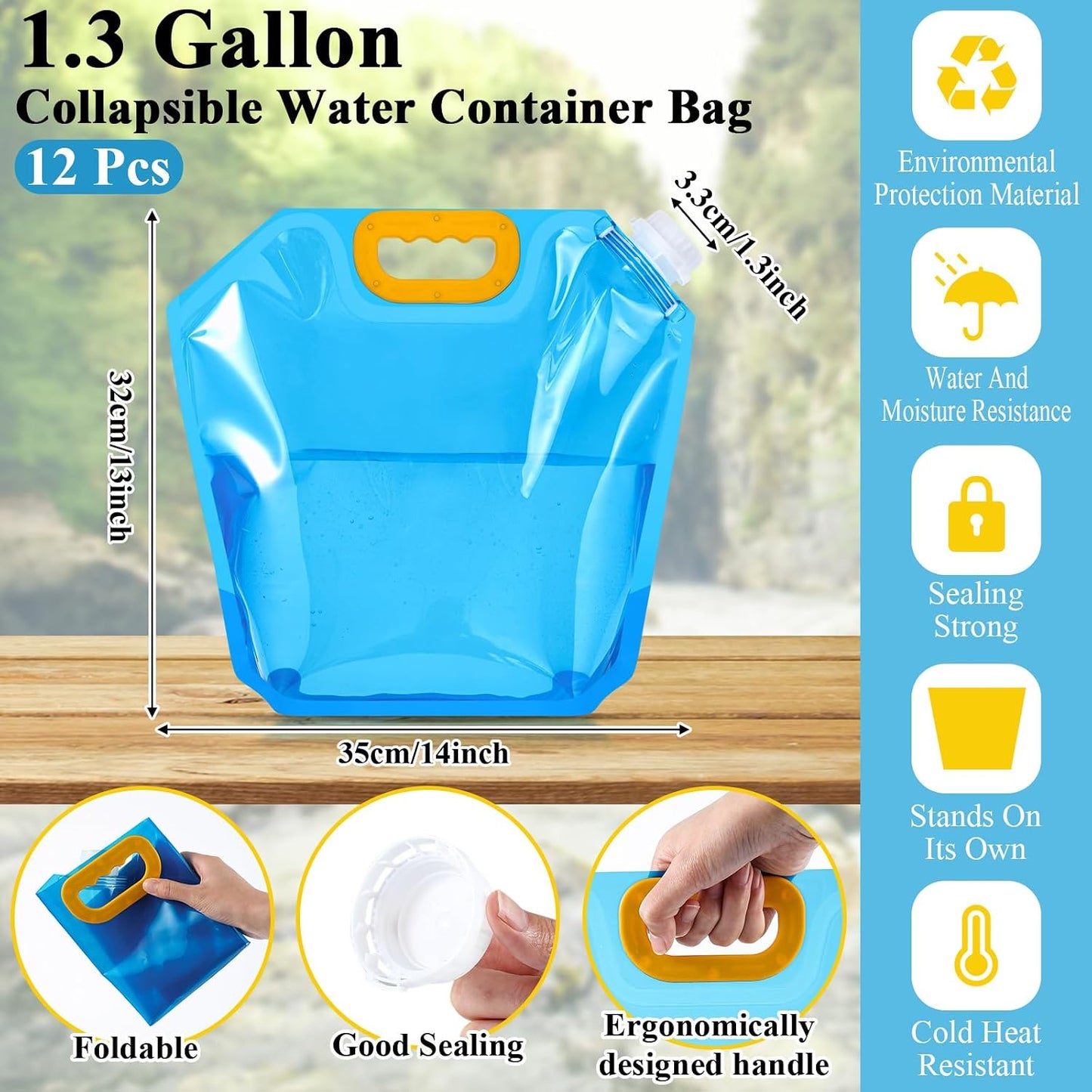 12 Pzas Bolsas Almacenamiento Agua 1.3gal Plegables Azul
