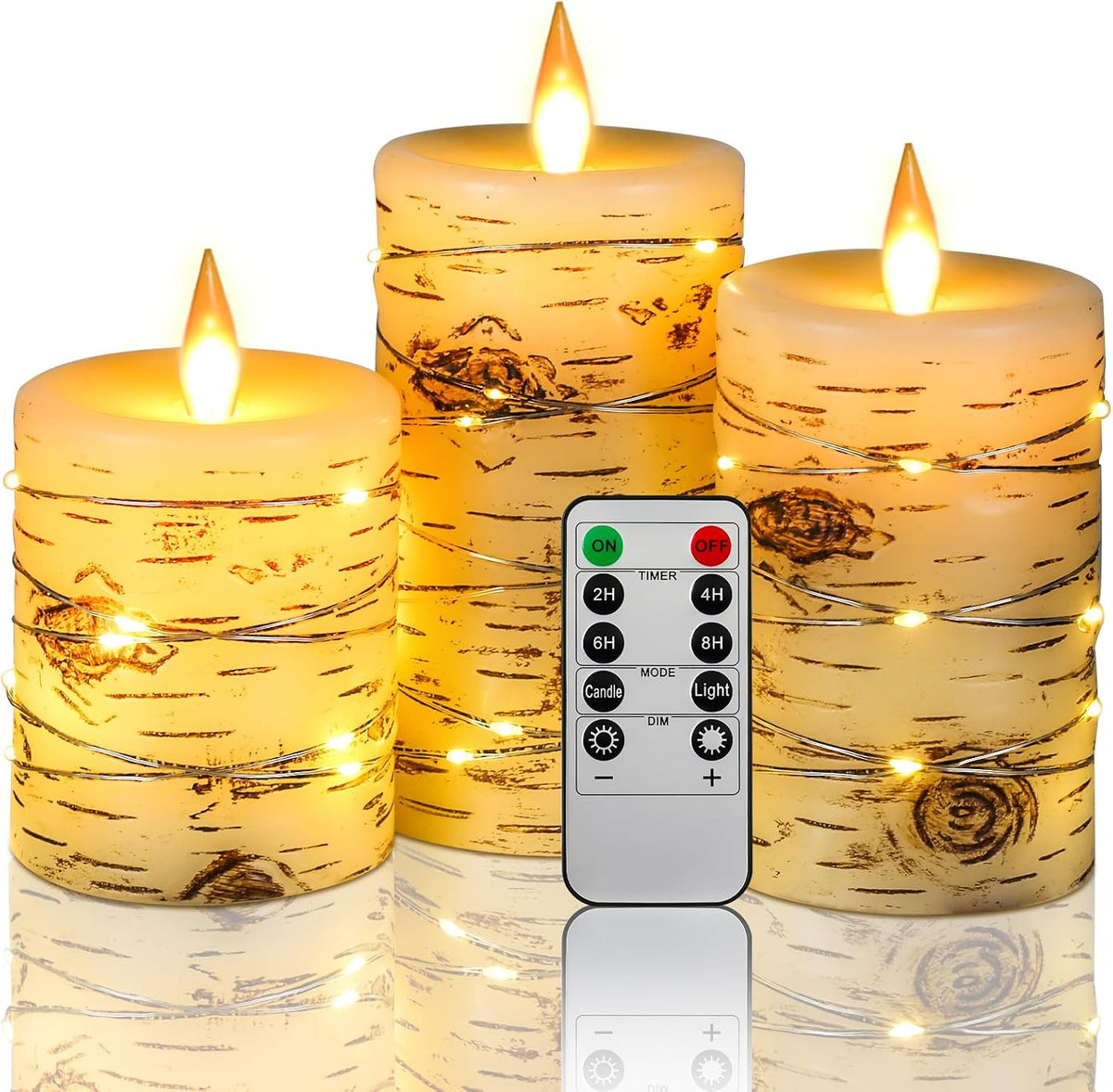 Velas LED con efecto corteza abedul set 3 con luces empotradas