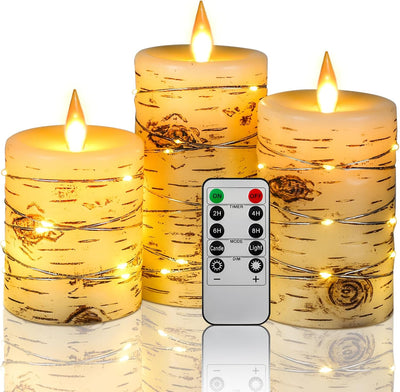Velas LED con efecto corteza abedul set 3 con luces empotradas