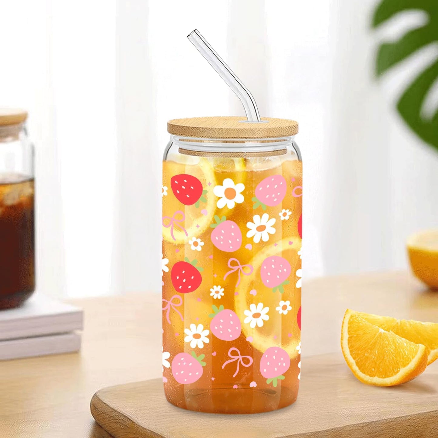 Vaso vidrio fresa lazo rosa 14oz