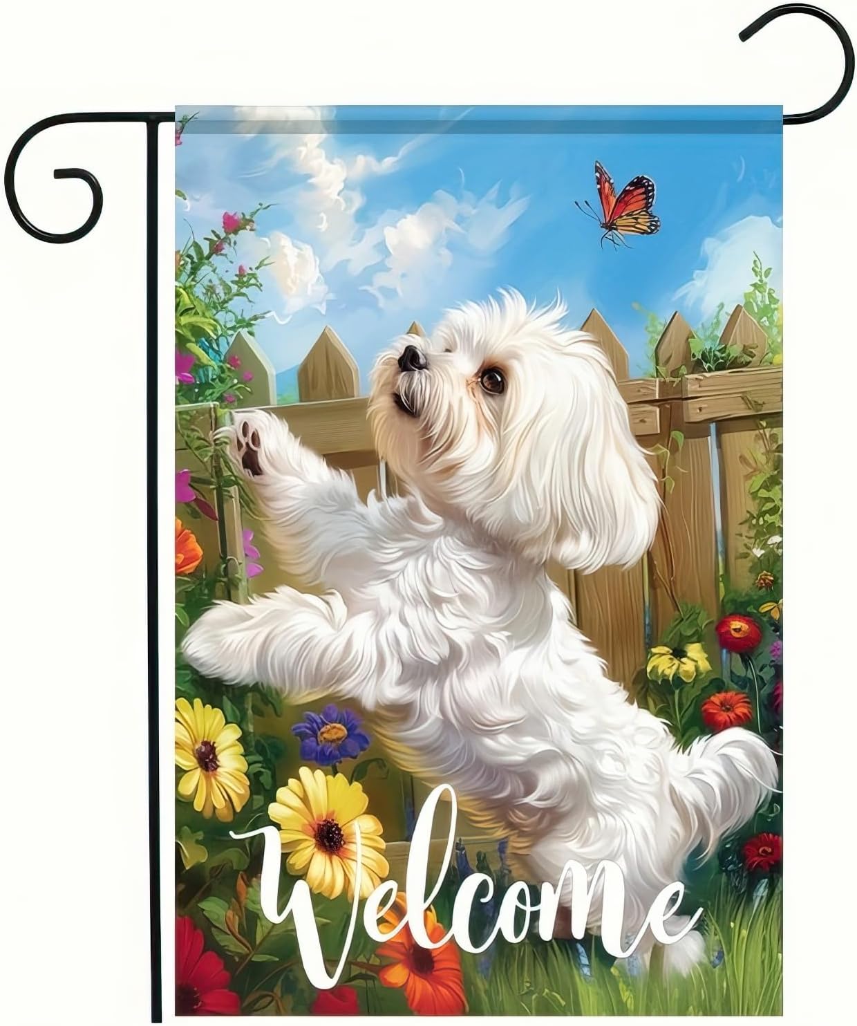 Bandera jardín perro maltés flores 12x18 doble cara