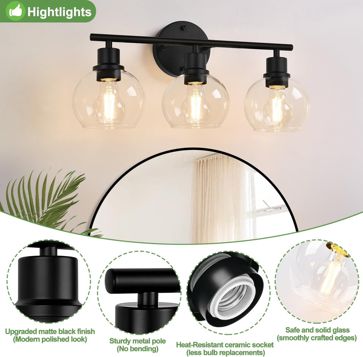 Lámpara baño 3 luces negras con pantalla vidrio transparente