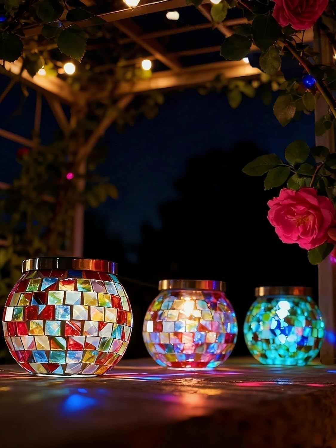 4 Luces Sendero Solar RGB Mosaico Vidrio Ámbar Rojo