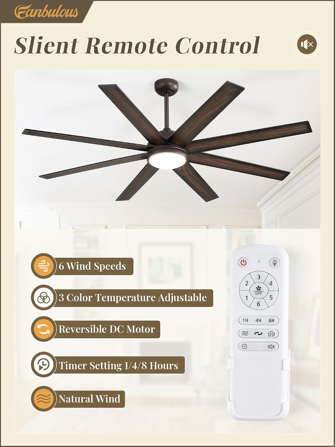 Ventilador techo 65pulg bronce luces control remoto motor CC