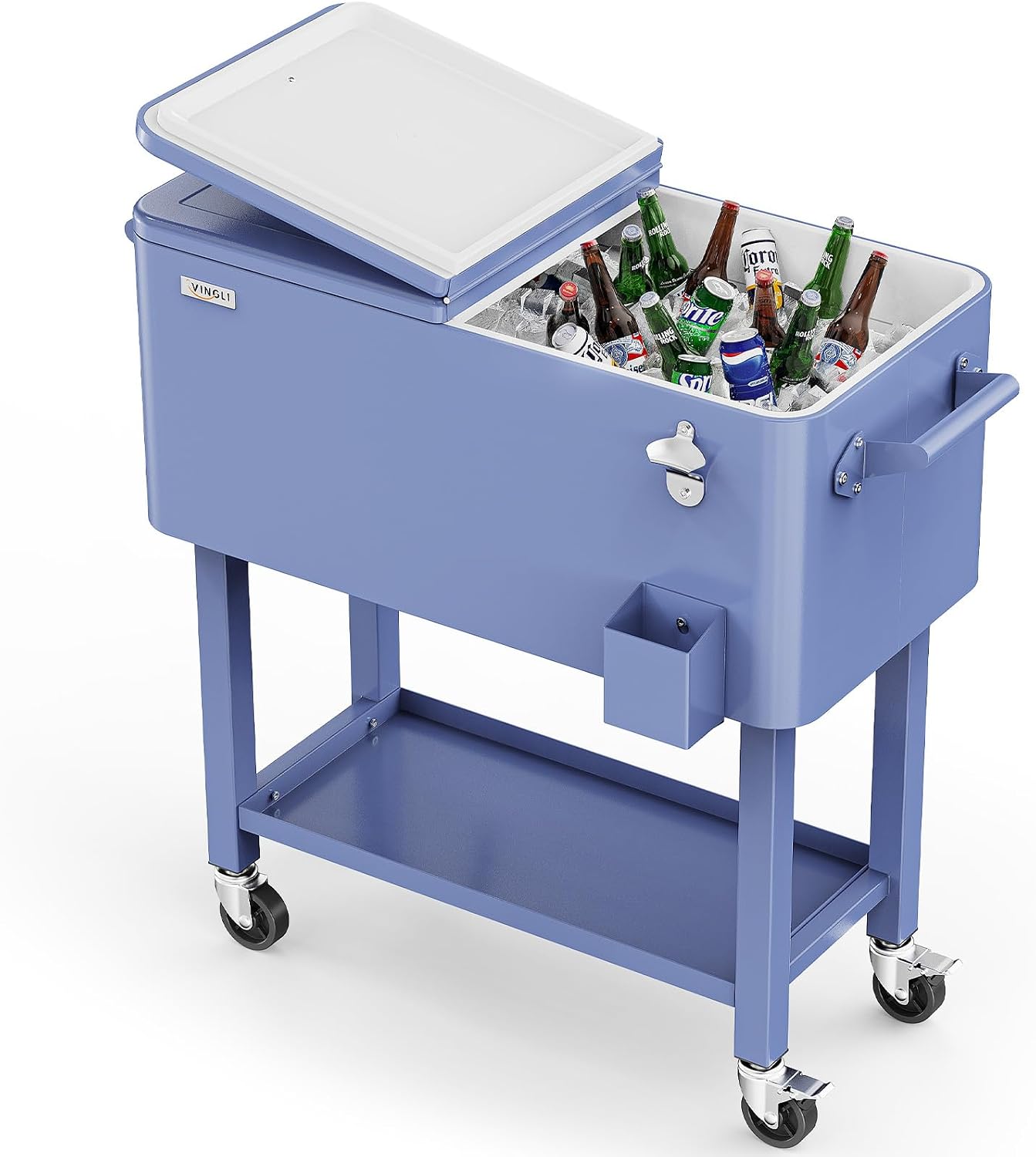 Baúl hielo rodante 80qt carrito fiesta con estante y abridor