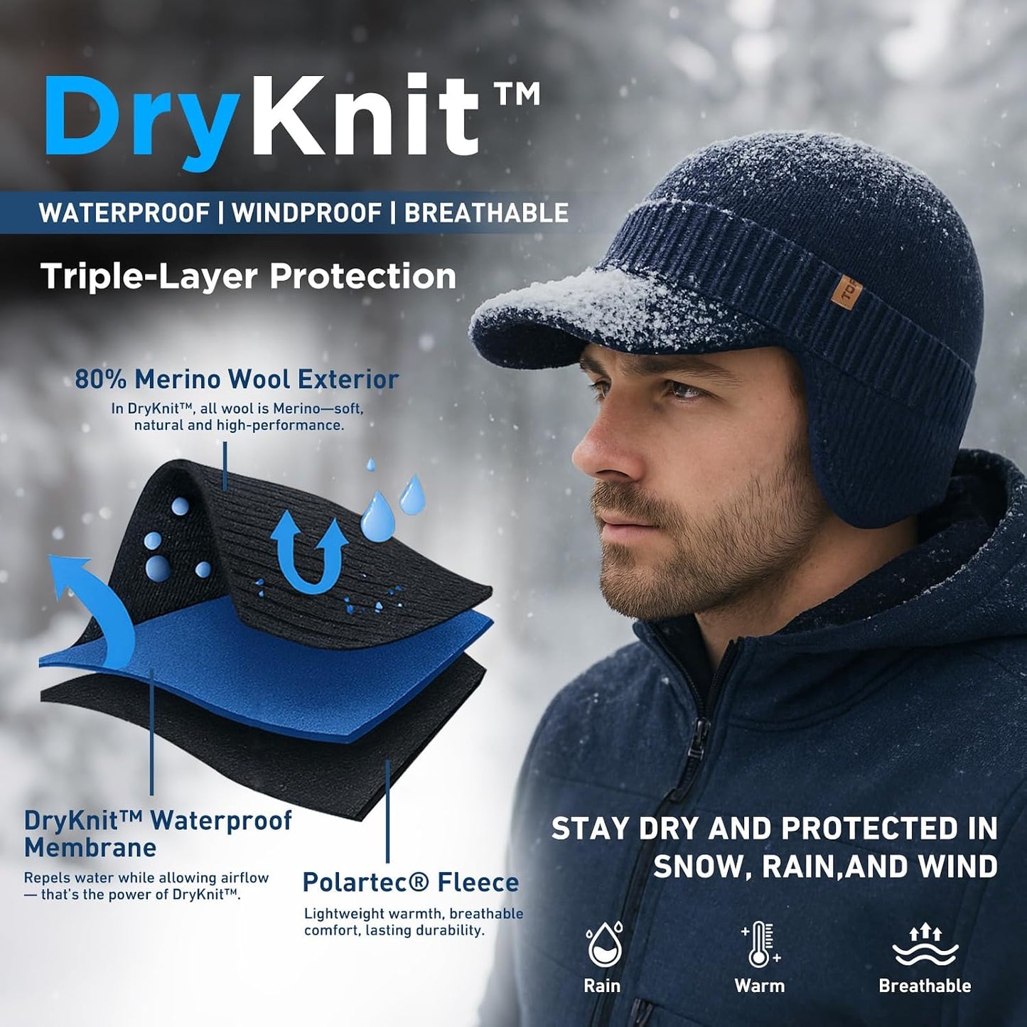 Gorro Lana Merino Impermeable con Visera y Orejeras