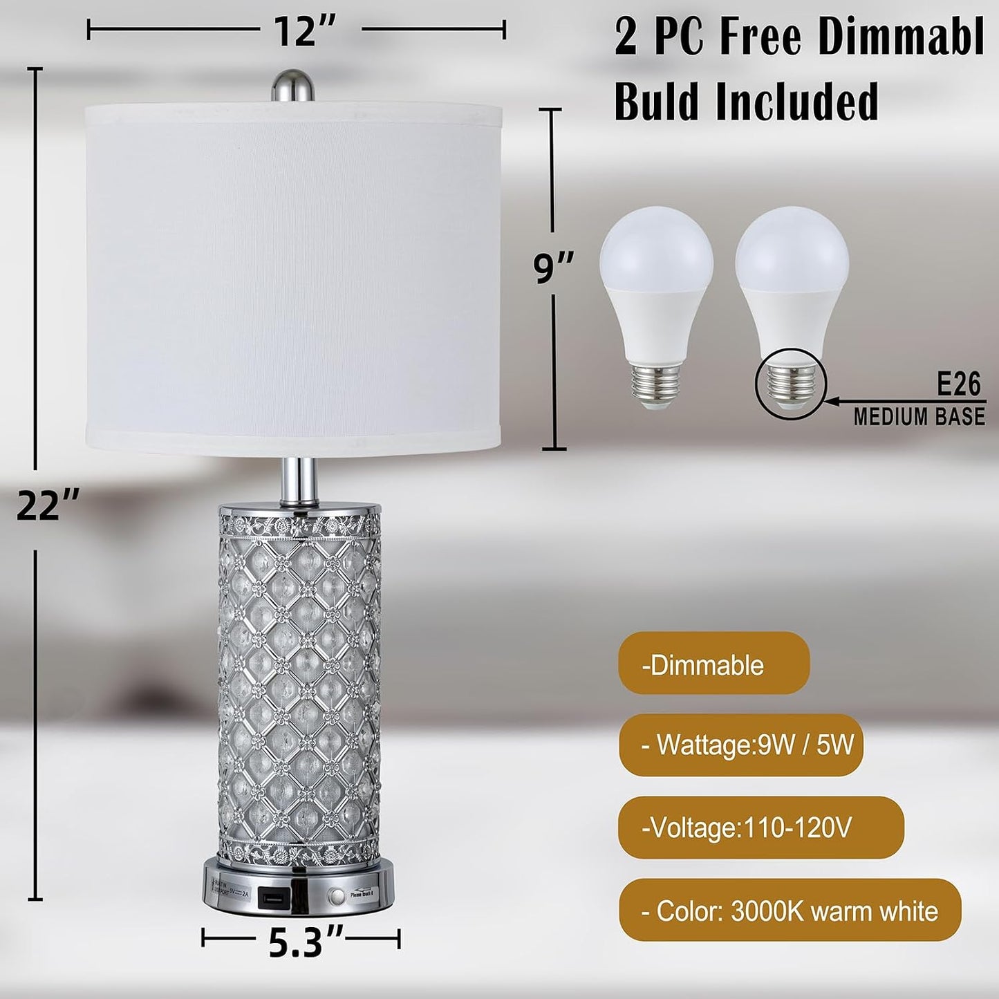 2 Lámparas Mesa Táctil Cristal Plateado USB Dormitorio