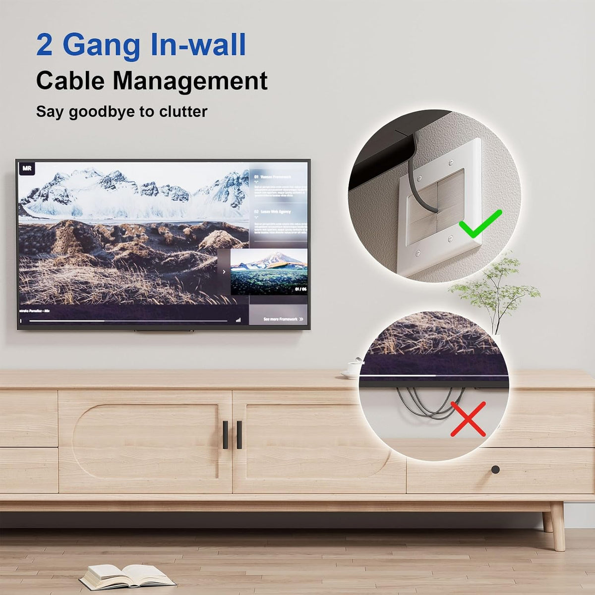 Placa pared cepillo 2 bandas soporte cables hdmi cine set 2