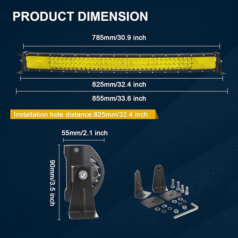 Barra luz LED curvada amarilla 32pulg IP67 para camiones