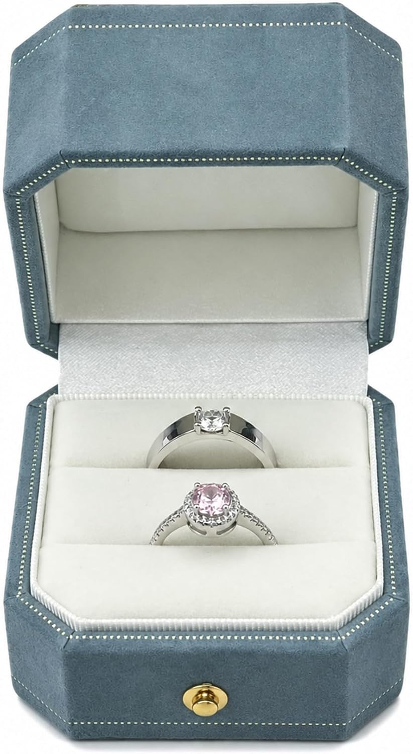 Caja anillos terciopelo ranuras octagonal con tapa bisagra