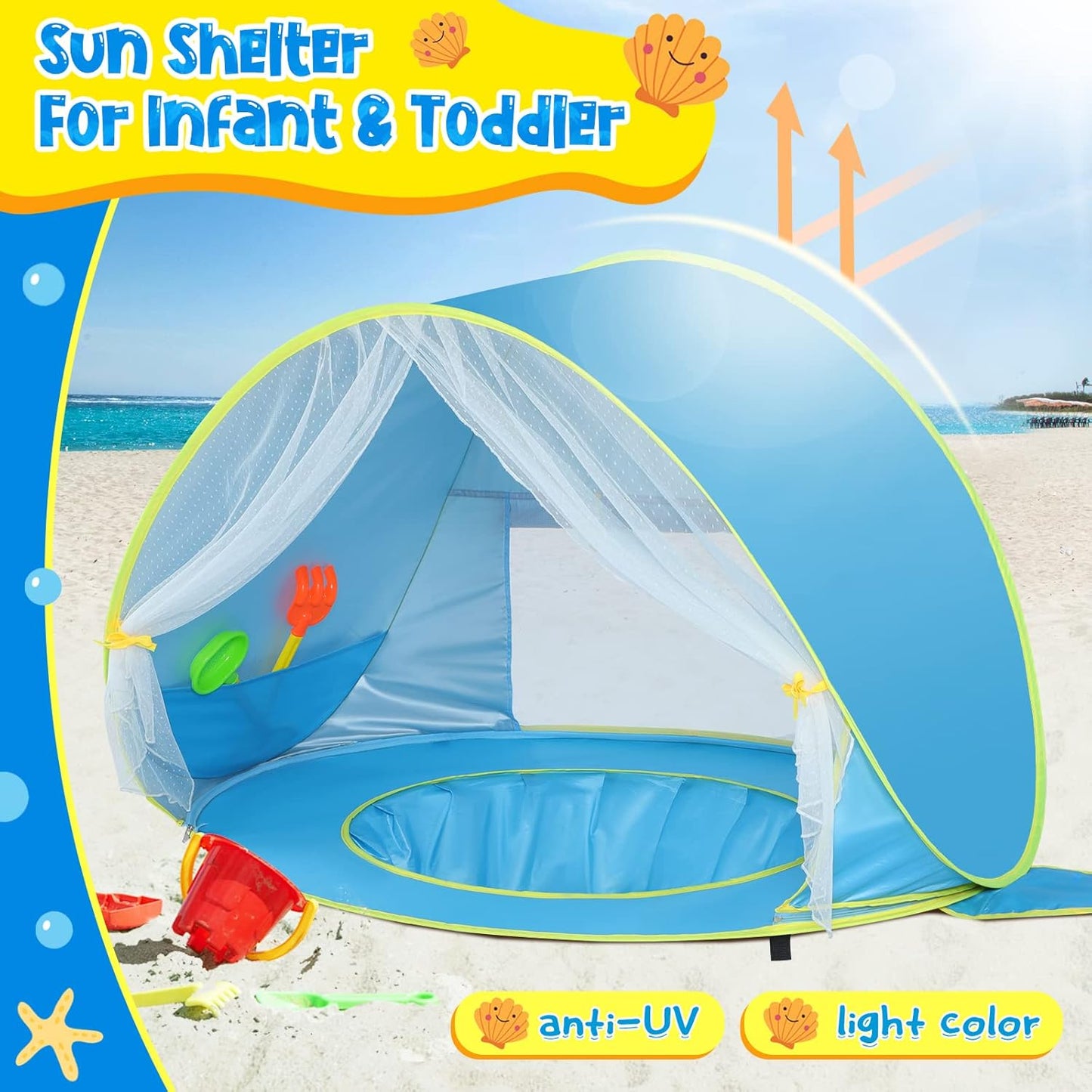 Tienda playa bebé UPF50 con toldo piscina fácil instalar