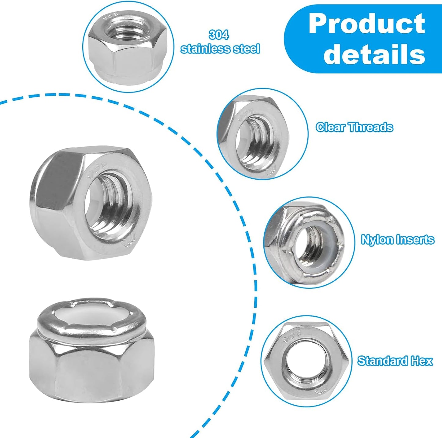 110 Tuercas Hexagonales 1/4-20 Acero Inox 304 Autobloqueantes