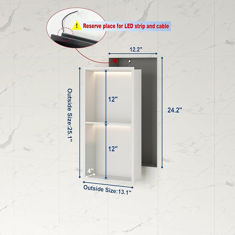 Nicho pared 2 niveles 12x24pulg con luz LED gabinete ducha