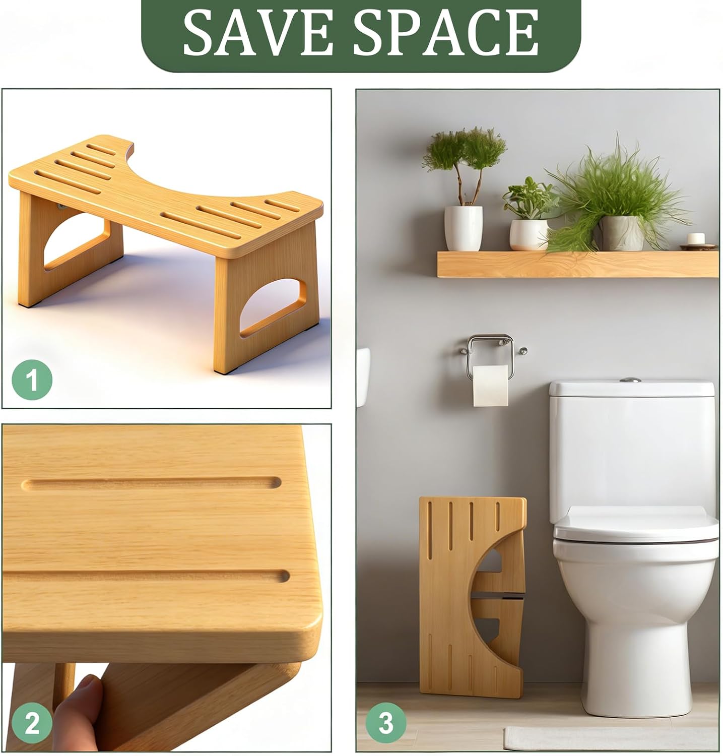 Taburete plegable baño bambú 7pulg set 2 con tira antiderrap