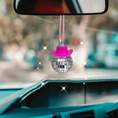 Adorno coche bola discoteca rosa espejo sombrero vaquero