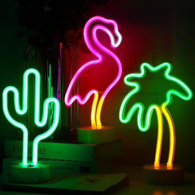 3 Letreros Neón Rosa Cactus con Pedestal