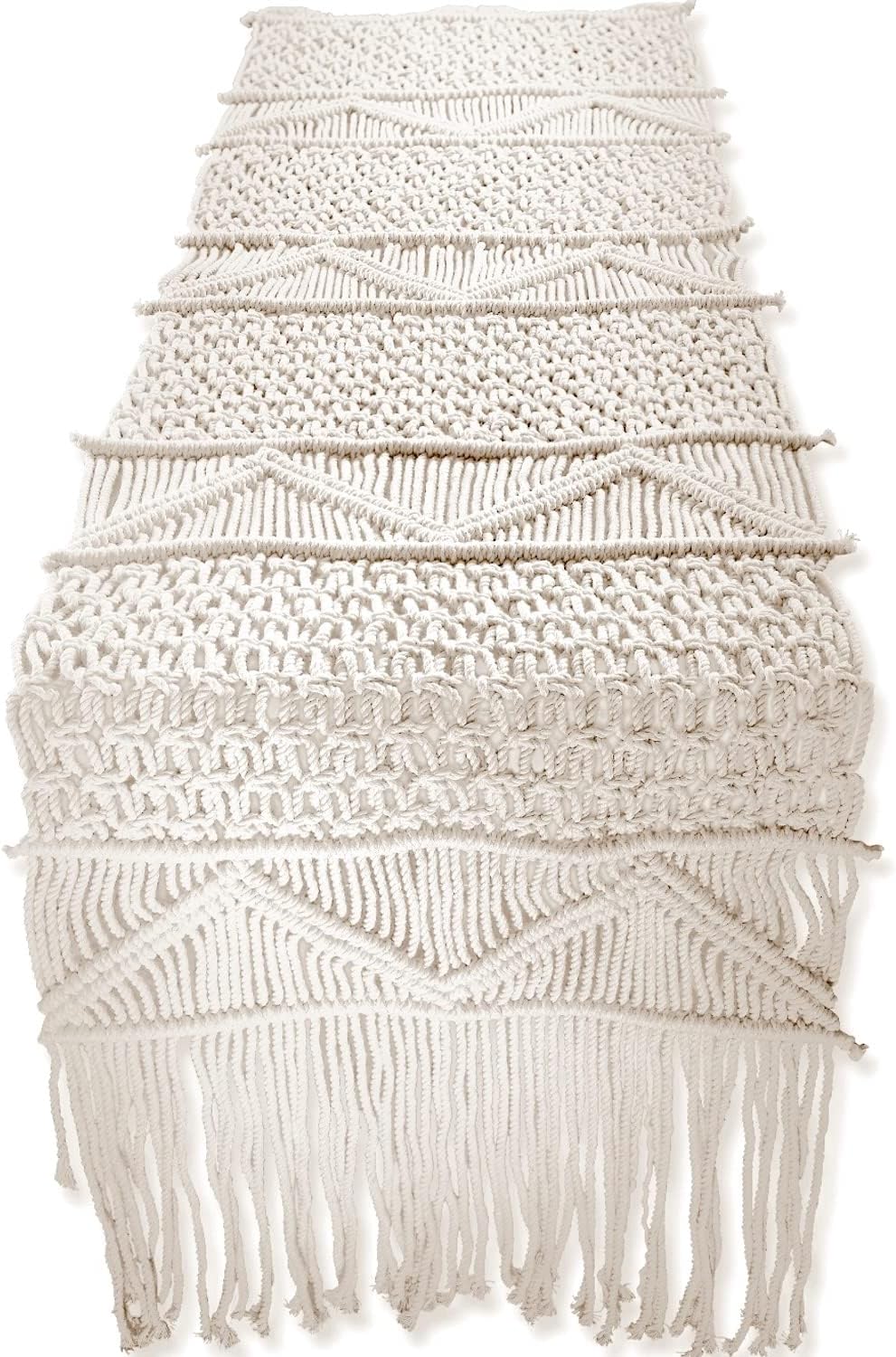 Camino mesa macramé 86x13pulg bohemio vintage blanco roto