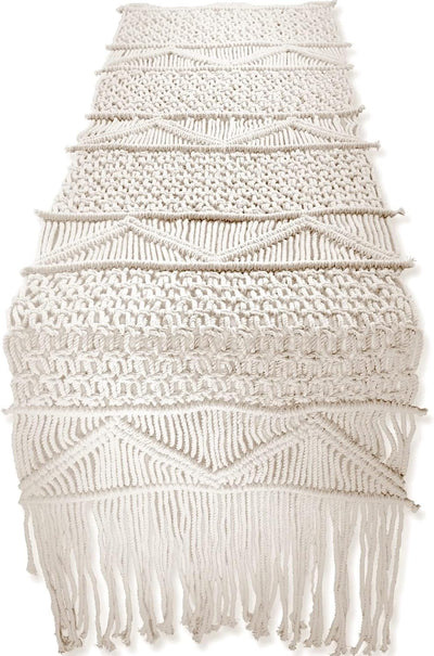 Camino mesa macramé 86x13pulg bohemio vintage blanco roto