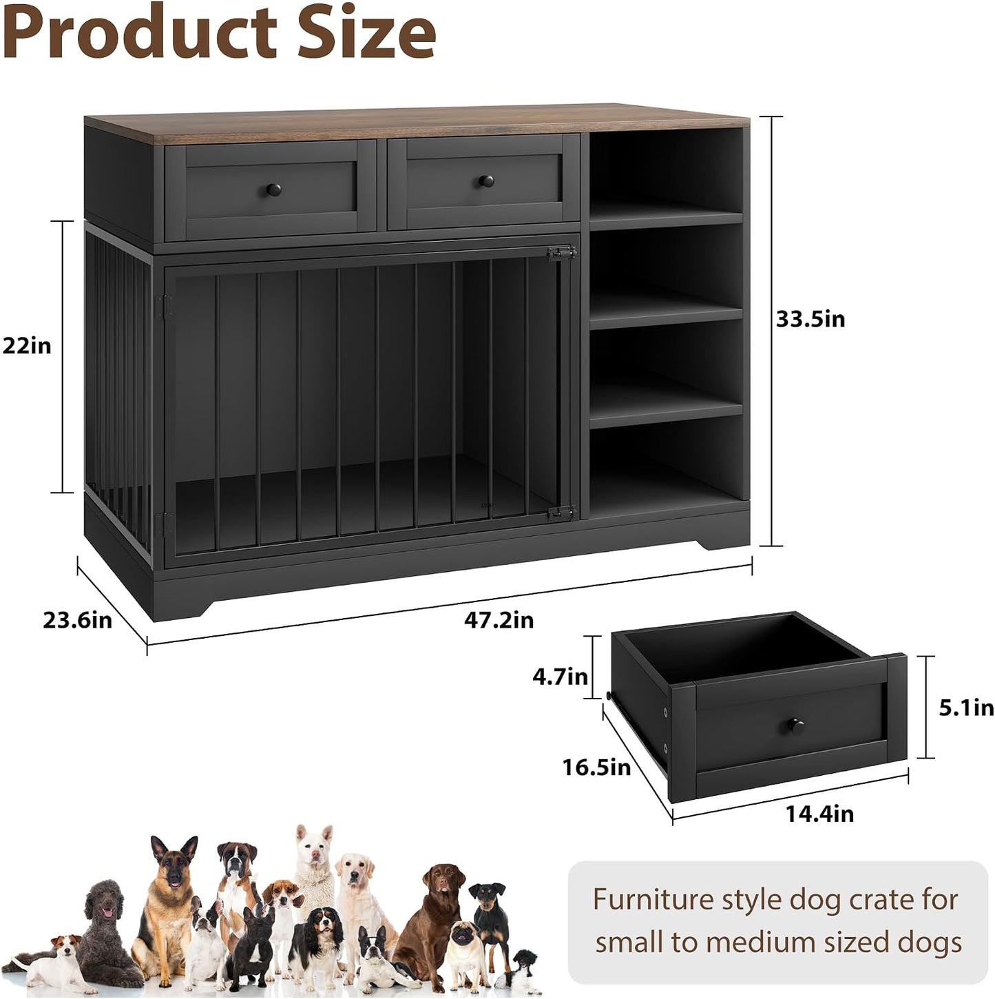 Jaula perros 47pulg madera con TV soporte 2 cajones 4