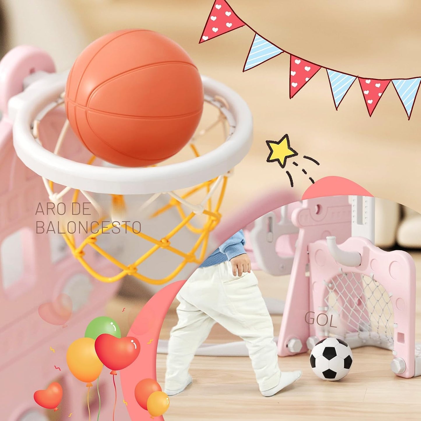 Set 6en1 tobogán columpio niños 1 año+ aro baloncesto