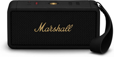 Parlante Bluetooth portátil color negro y latón