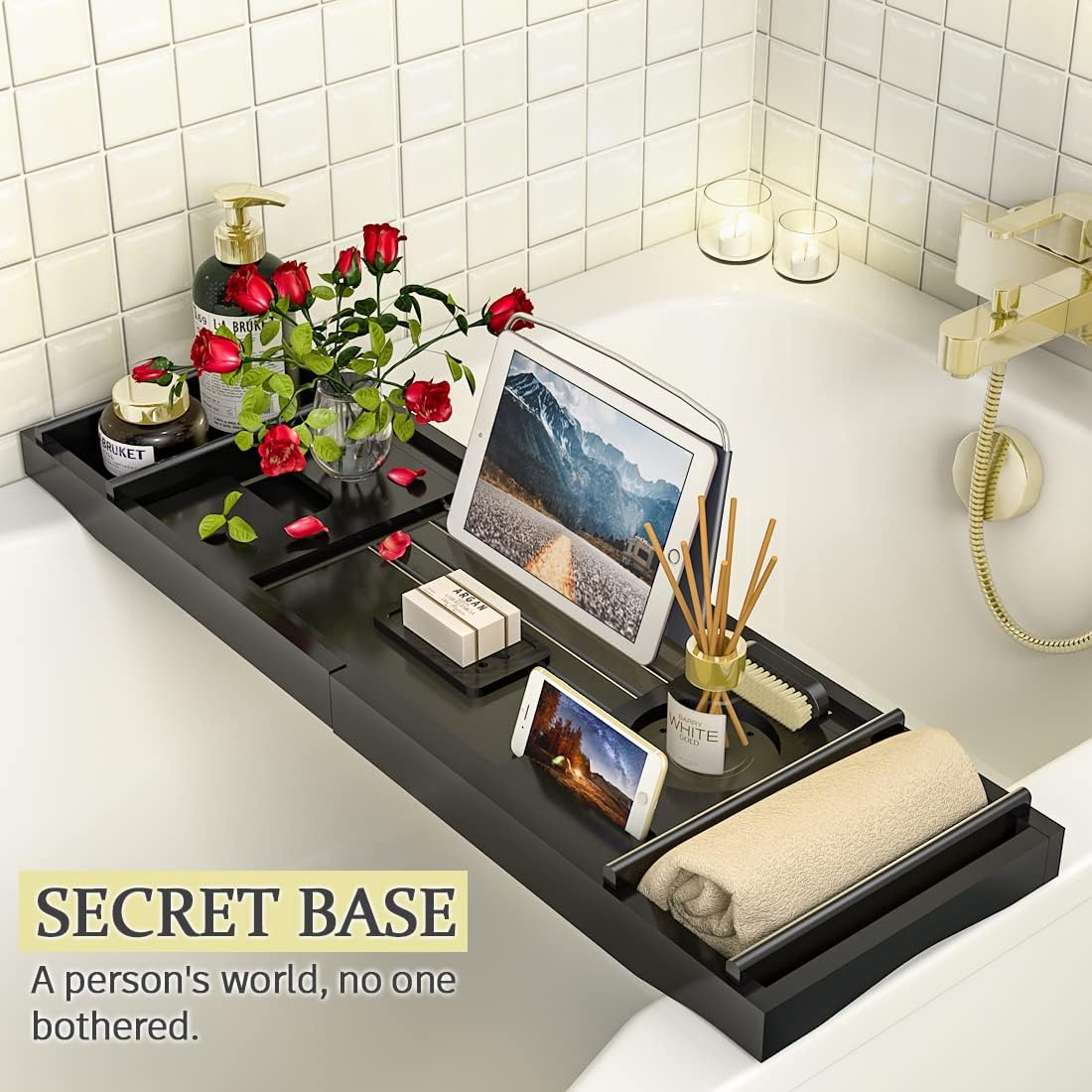 Bandeja baño ajustable bambú jabonera spa negro