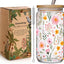 Vaso flor de vidrio 16oz con tapa y pajita bambú para café