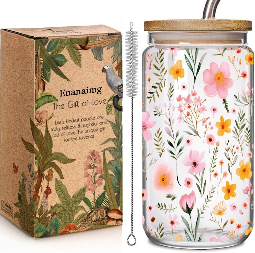 Vaso flor de vidrio 16oz con tapa y pajita bambú para café
