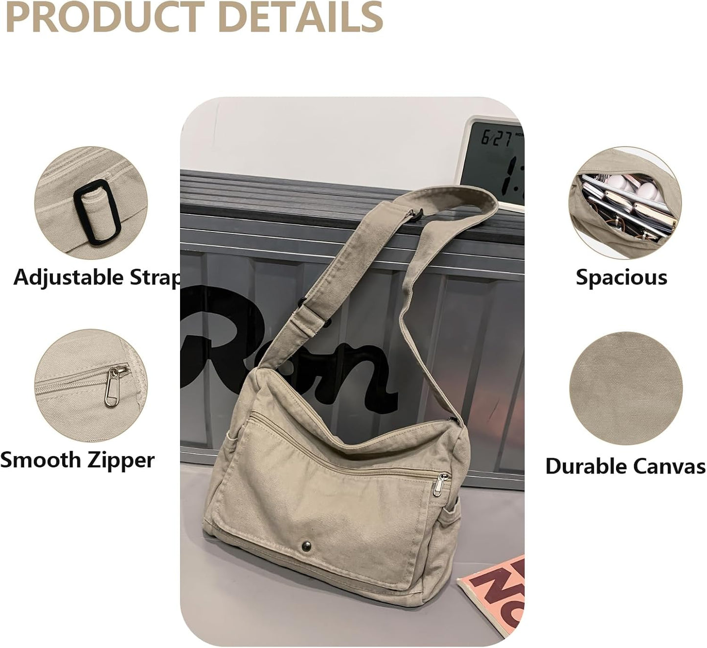 Bolso lona bandolera vintage con bolsillos