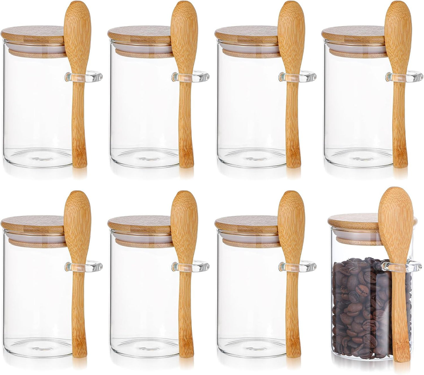 Set 8 Tarros Vidrio Herméticos con Tapas y Cucharas Bambú
