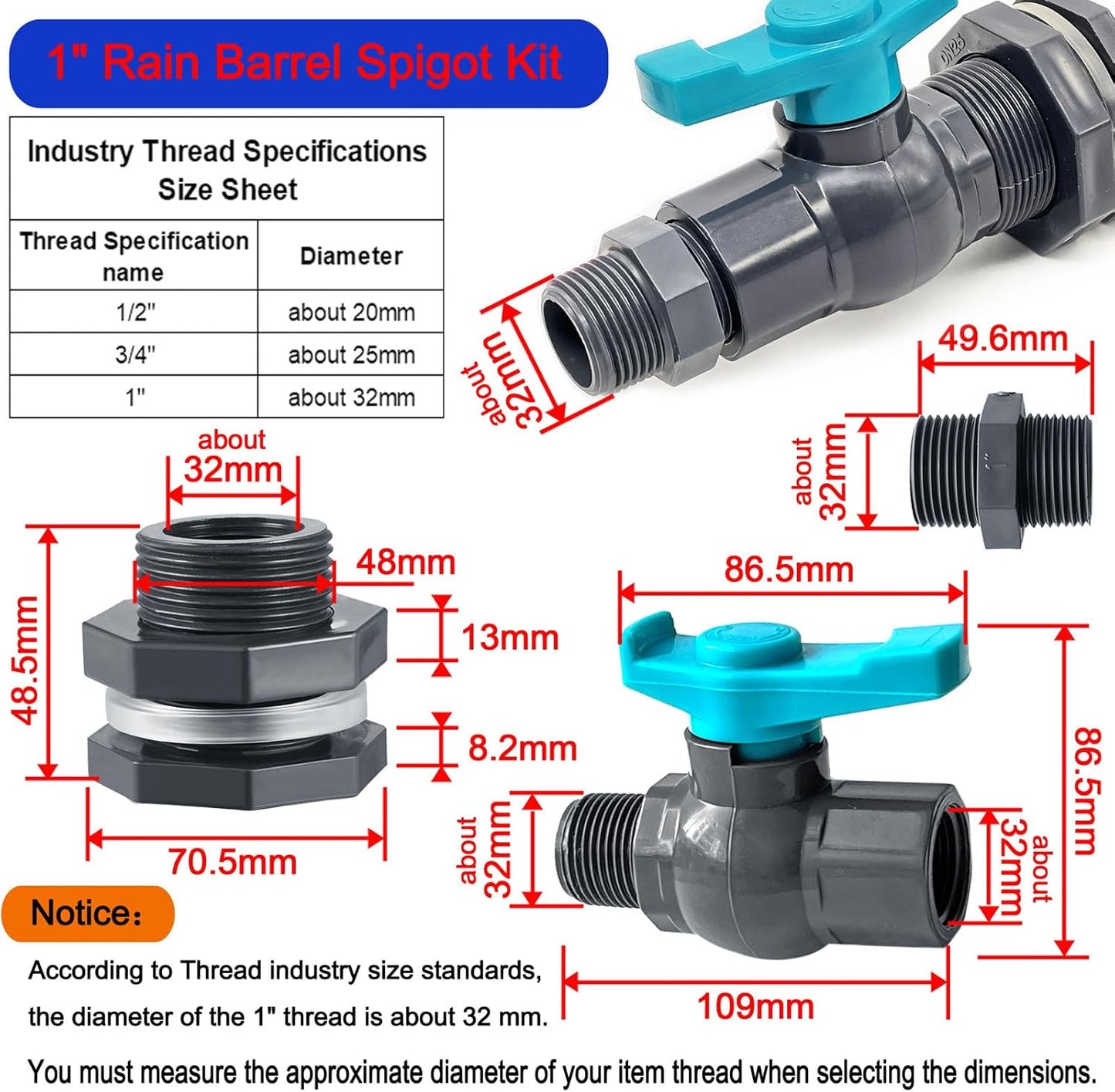 Kit espita lluvia 1" PVC válvula bola adaptador manguera