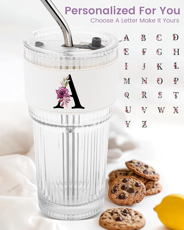 Vaso térmico vidrio con pajita acanalada tapa
